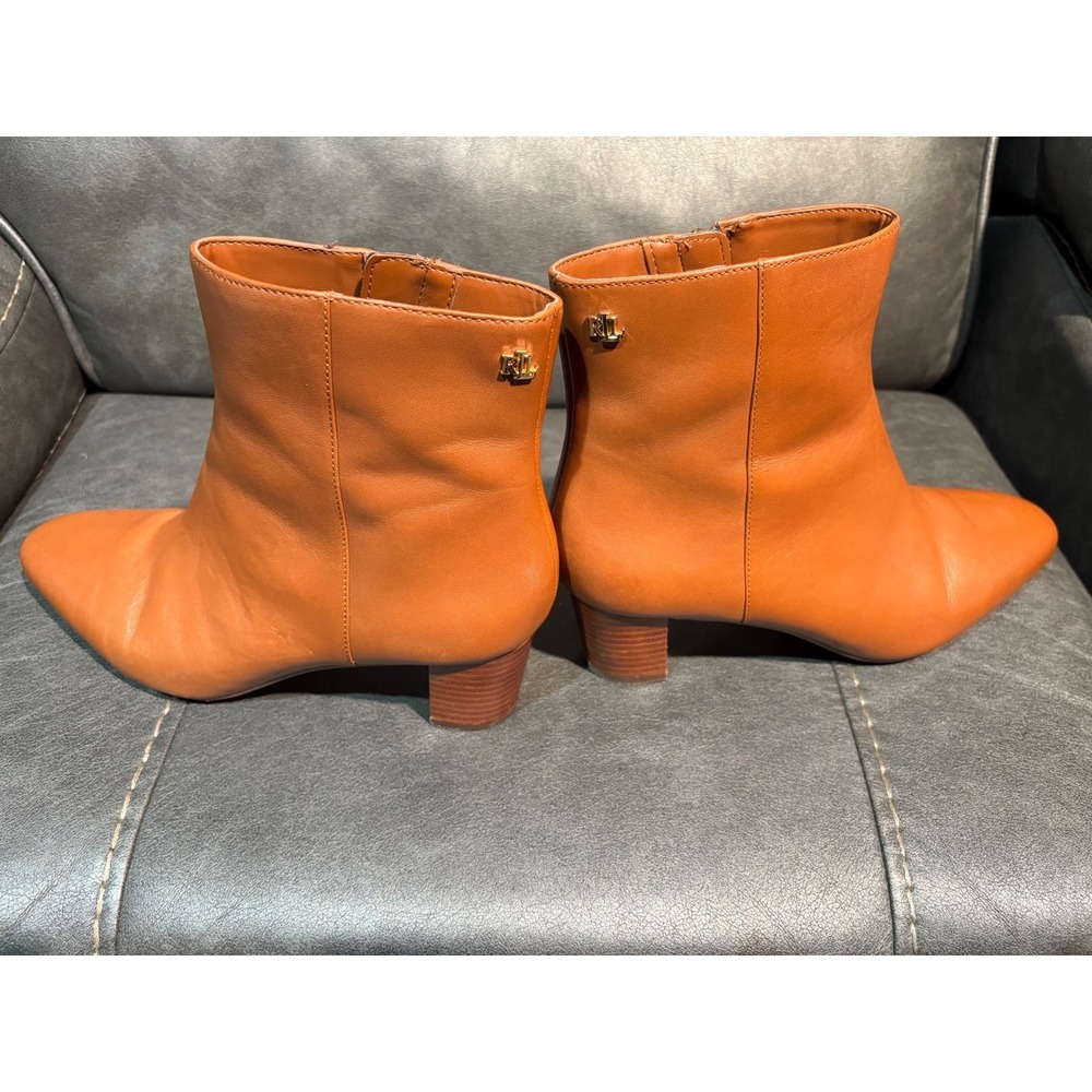 Lauren Ralph Lauren Demi Tan Leather Ankle Boots Pointed Toe Block Heel 7 40364